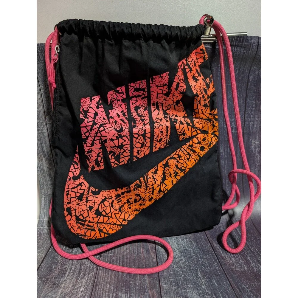 Nike Drawstring Bag Backpack Cinch Sack Teal & Pink Rope Zip Pocket EUC!